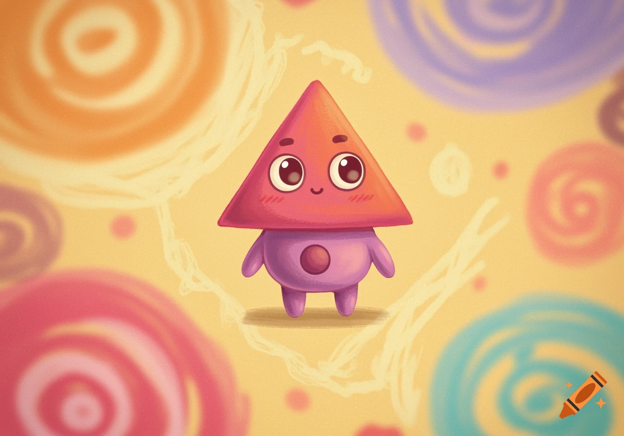 A cute cartoon character with a red triangle head and a purple rounded body stands against a soft yellow background with colorful swirls.
