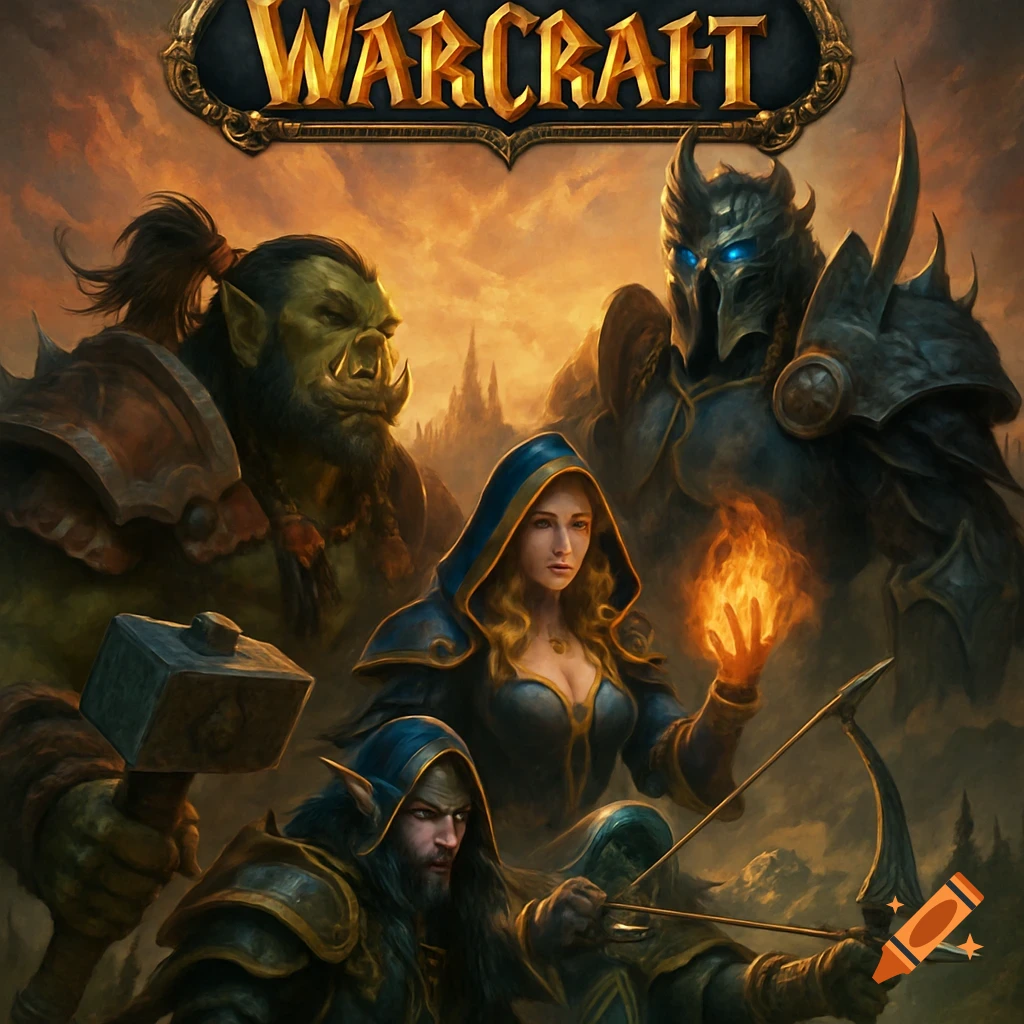An epic fantasy illustration featuring an orc, a human mage, a dark armored warrior, and an elf archer, with the 'Warcraft' logo at the top.