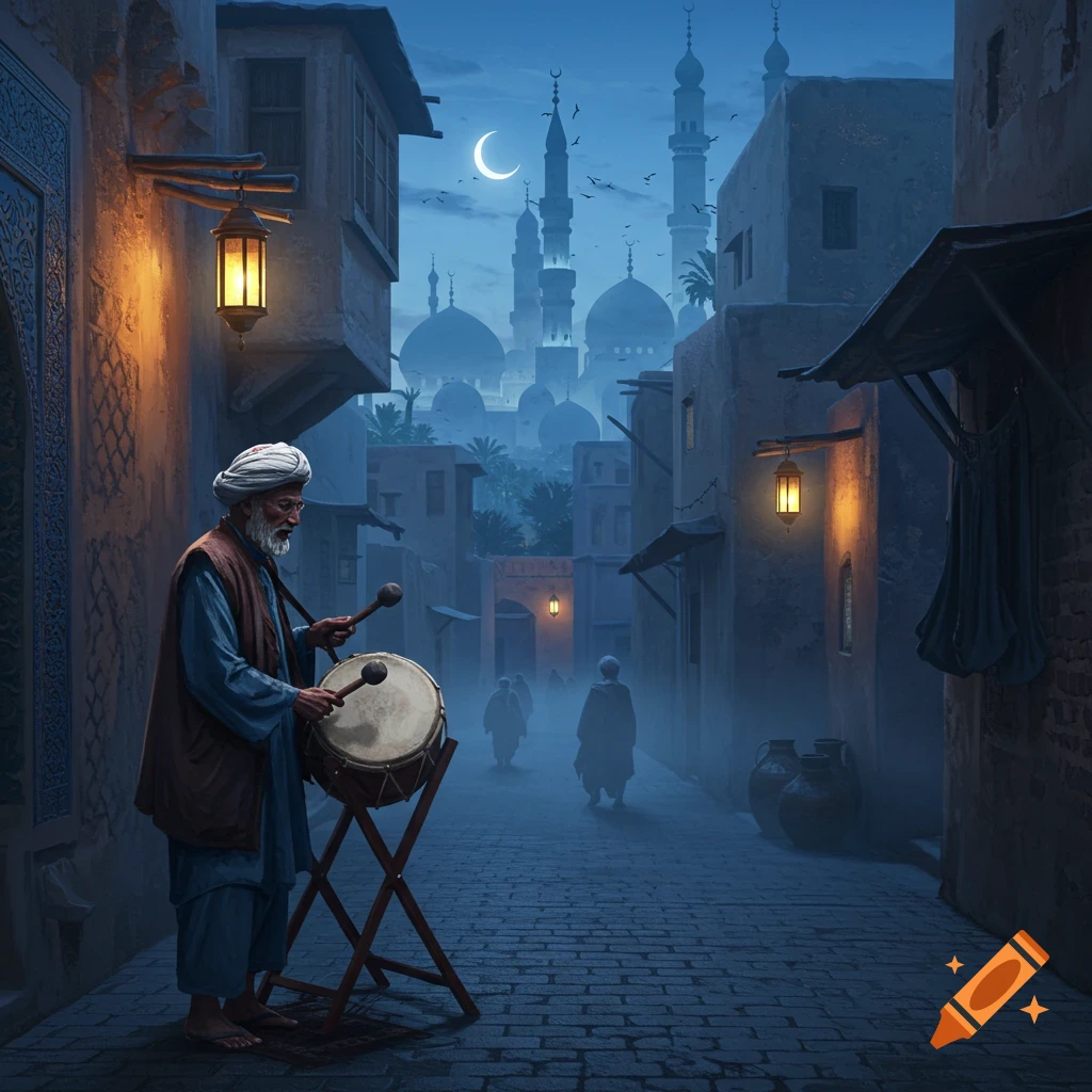 Elderly man plays a drum on a dark Middle Eastern street with old buildings, lanterns, mosques, and a crescent moon. Photorealistic.