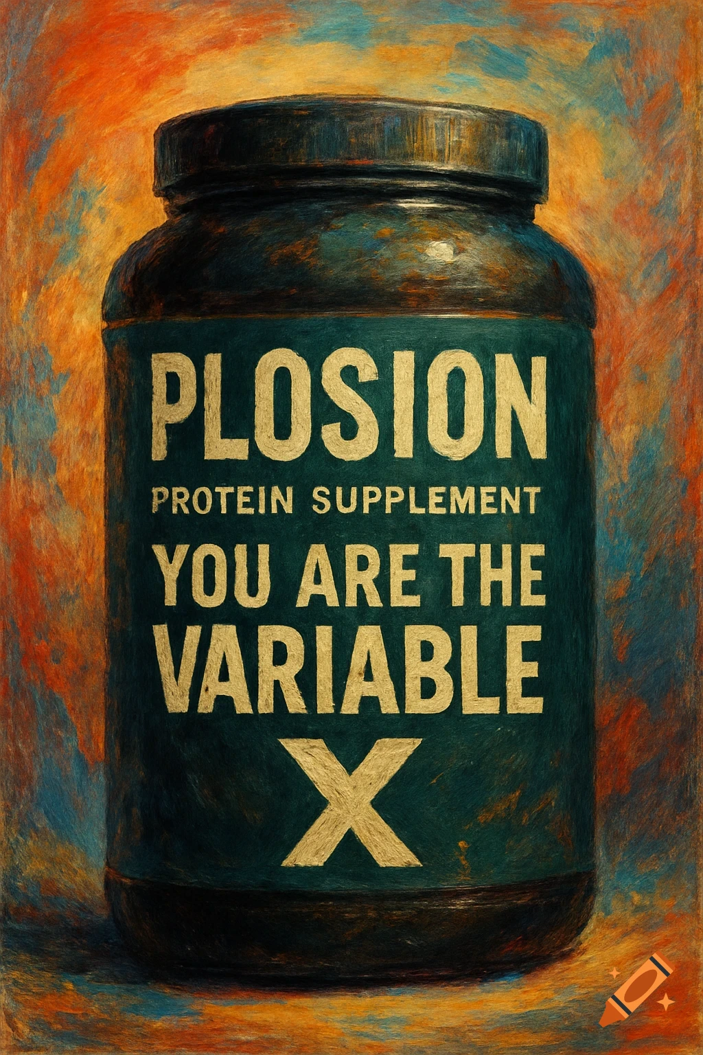 A protein supplement jar labeled 'PLOSION PROTEIN SUPPLEMENT YOU ARE THE VARIABLE X' in a vibrant, painterly style.
