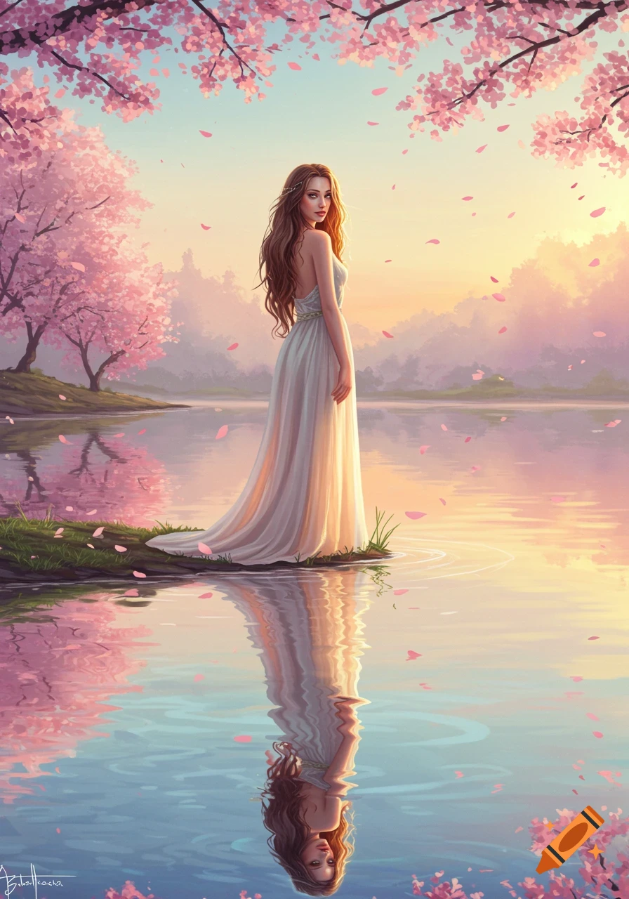 A woman in a white dress stands by a serene lake under cherry blossoms at sunset, with her reflection visible in the water, in an illustrative style.