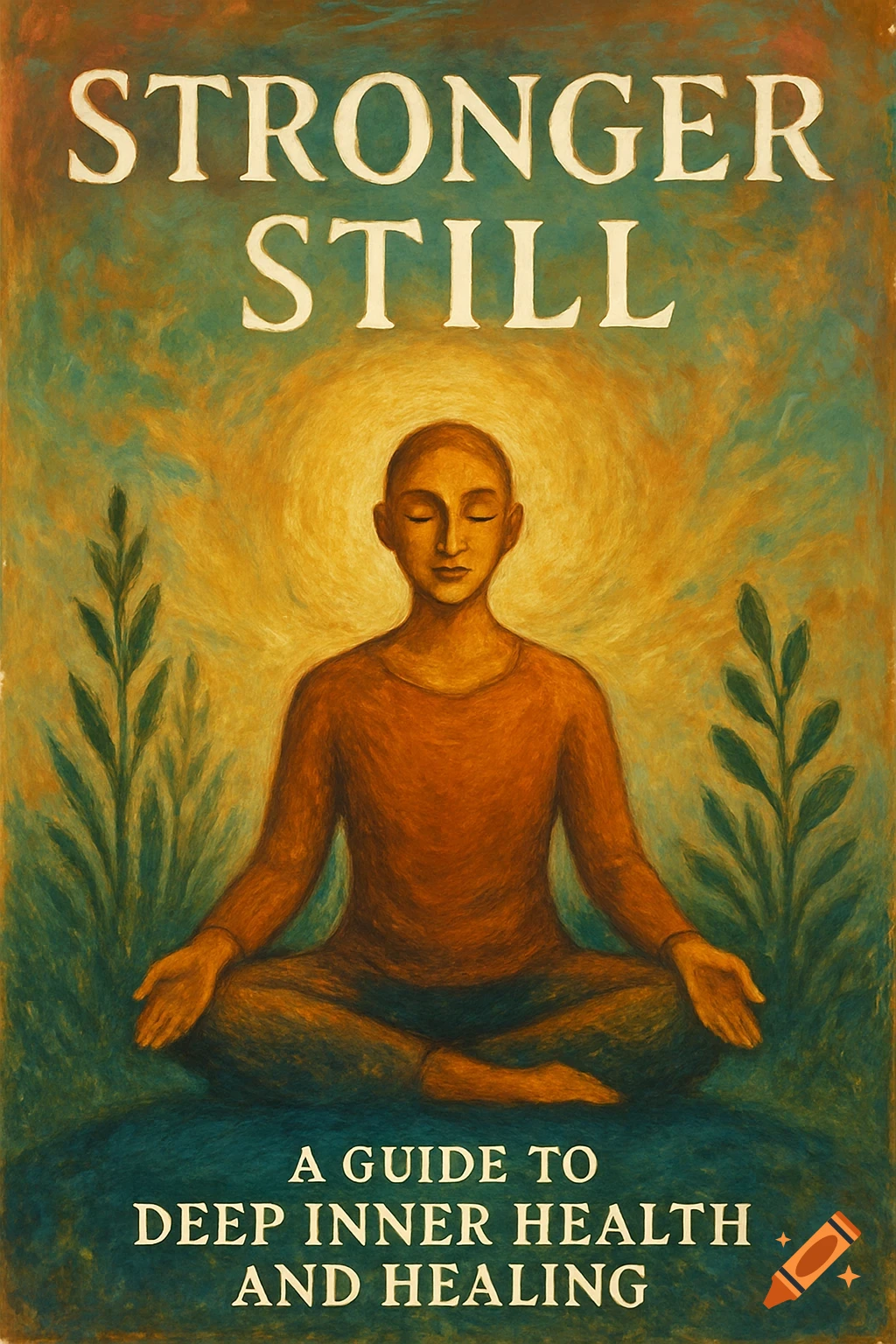 A painted book cover shows a person meditating in lotus pose under a glowing sun, with text "STRONGER STILL" and "A GUIDE TO DEEP INNER HEALTH AND HEALING".