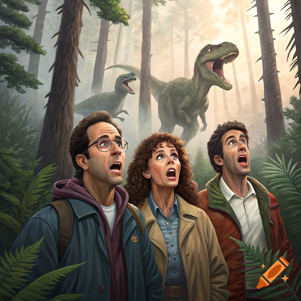 Three shocked people look up at two roaring dinosaurs in a misty jungle, in a stylized illustration.