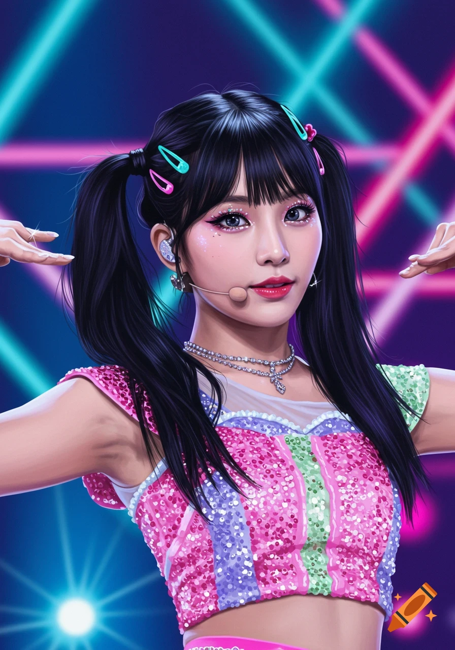 A vibrant portrait of a K-pop idol with pigtails, wearing a sparkly crop top, on a neon-lit stage.