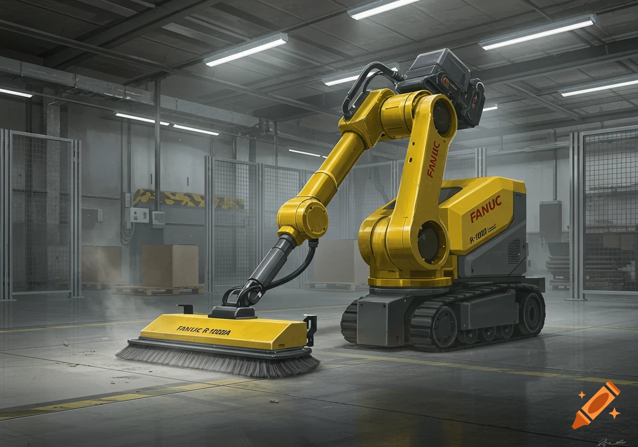 A yellow industrial FANUC R-1000iA robot on tracks sweeps a concrete factory floor with a large brush attachment, under bright fluorescent lights.