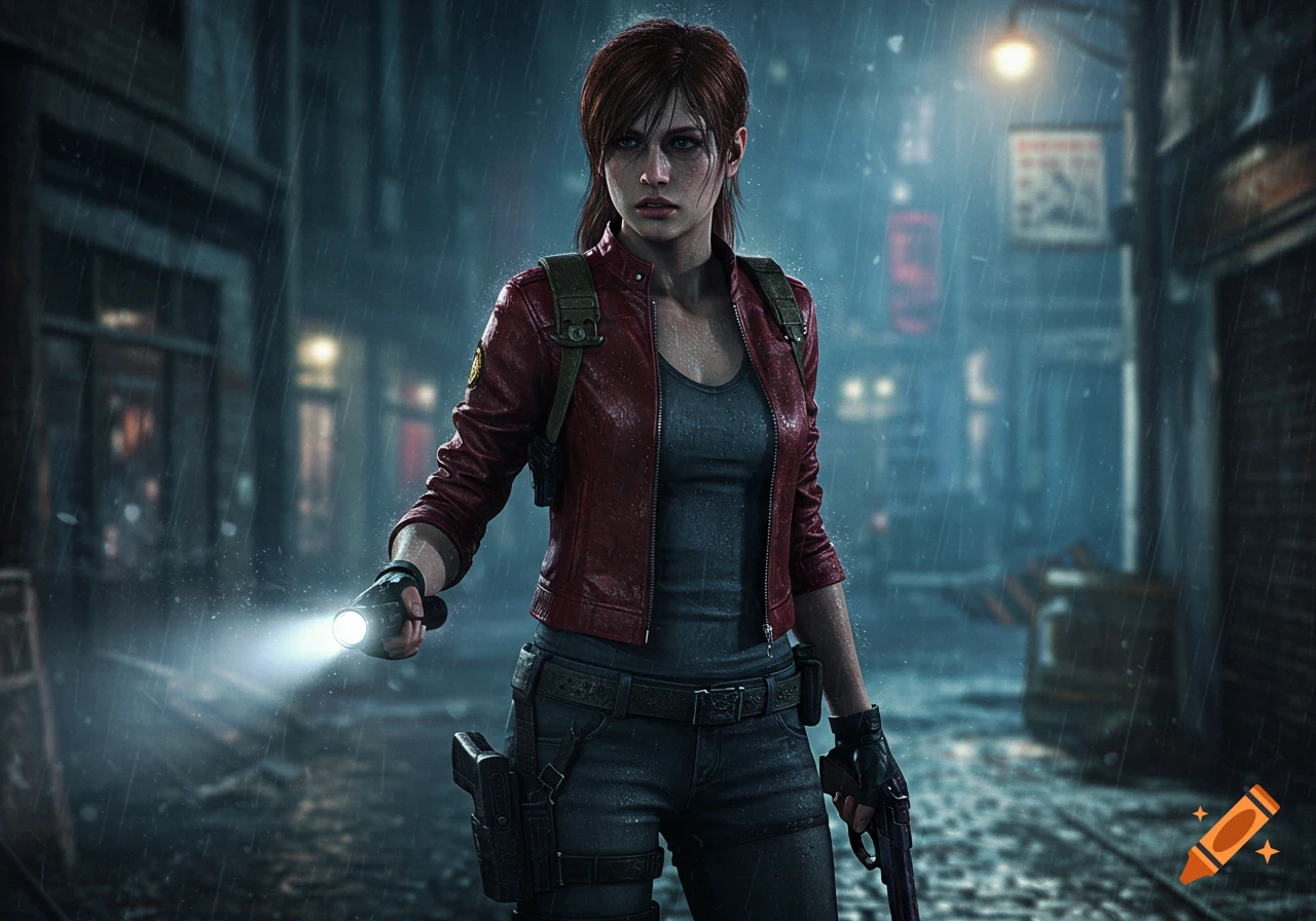 Claire Redfield from Resident Evil standing in a rainy, dark street, holding a flashlight and a gun.