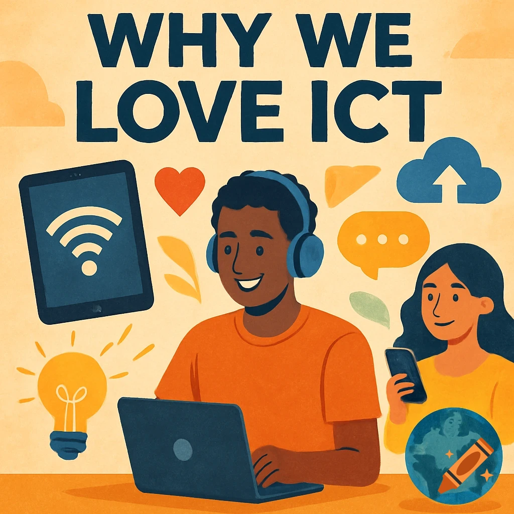 An illustration of two young people, one working on a laptop and wearing headphones, and another holding a phone. Various technology-related icons like Wi-Fi, a cloud, a lightbulb, a heart, and a globe surround them. The text 'WHY WE LOVE ICT' is prominently displayed at the top.