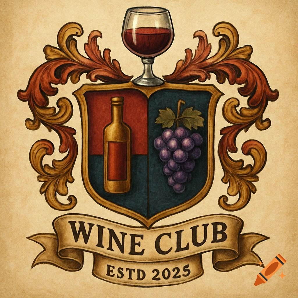 Vintage-style wine club crest featuring a wine glass, bottle, and grapes, with 'WINE CLUB ESTD 2025' on a banner.