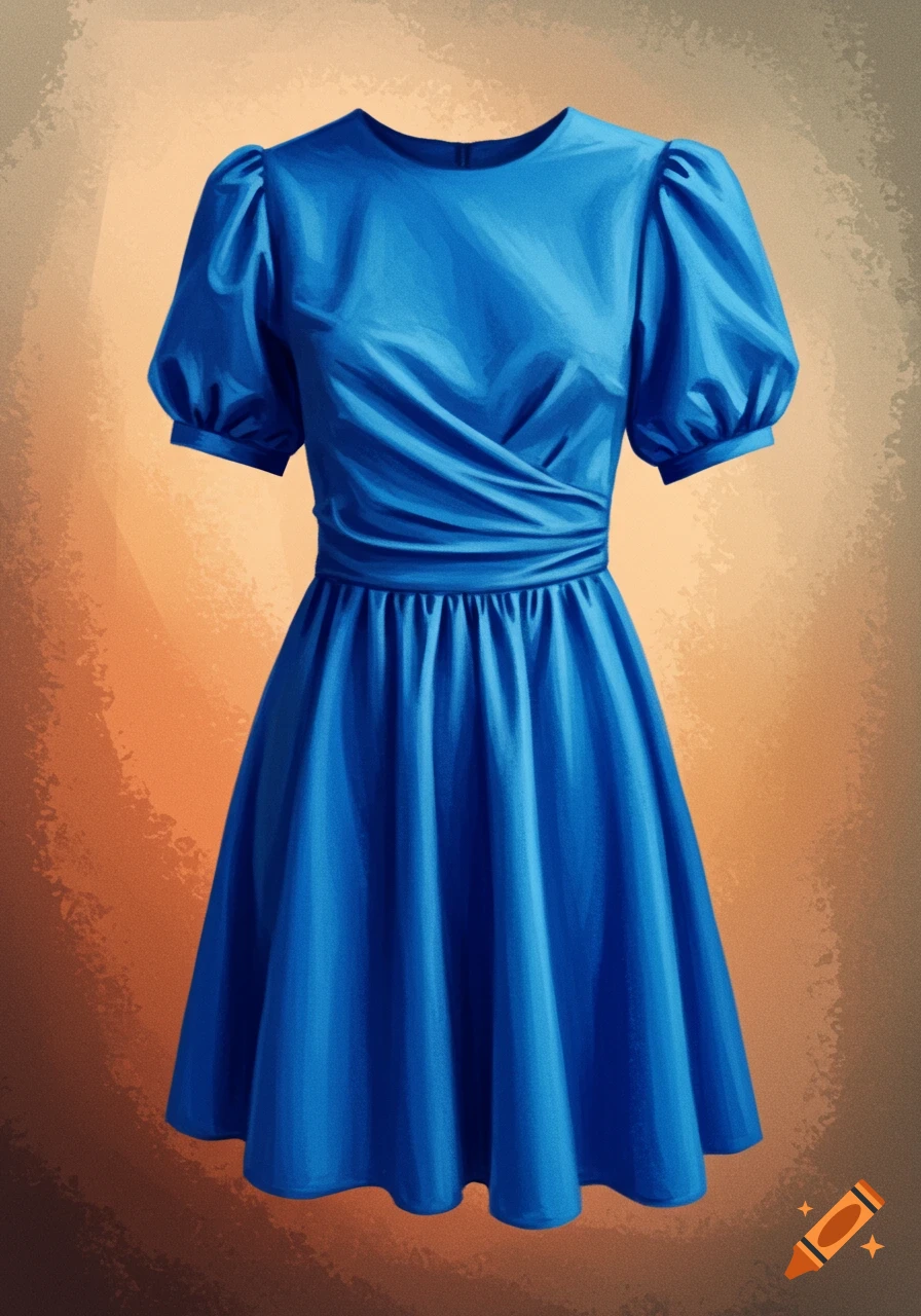 A vibrant blue dress with short puffy sleeves, a round neckline, and a cinched waist with pleats.