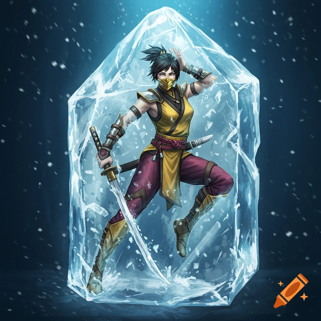 A female martial artist character resembling Katana from Mortal Kombat, in a yellow and purple outfit, frozen in a large block of ice.
