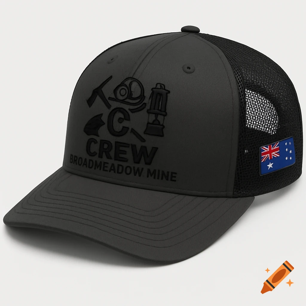 A dark charcoal grey structured trucker cap featuring black embossed text "C CREW" and "BROADMEADOW MINE", a miner's lamp, and a pickaxe logo on the front. An Australian flag patch is on the right side mesh panel.