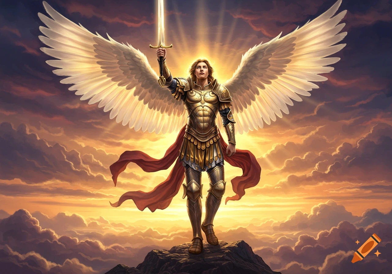 Archangel Michael in golden armor with large white wings, holding a glowing sword atop a rocky peak against a vibrant sunset sky.