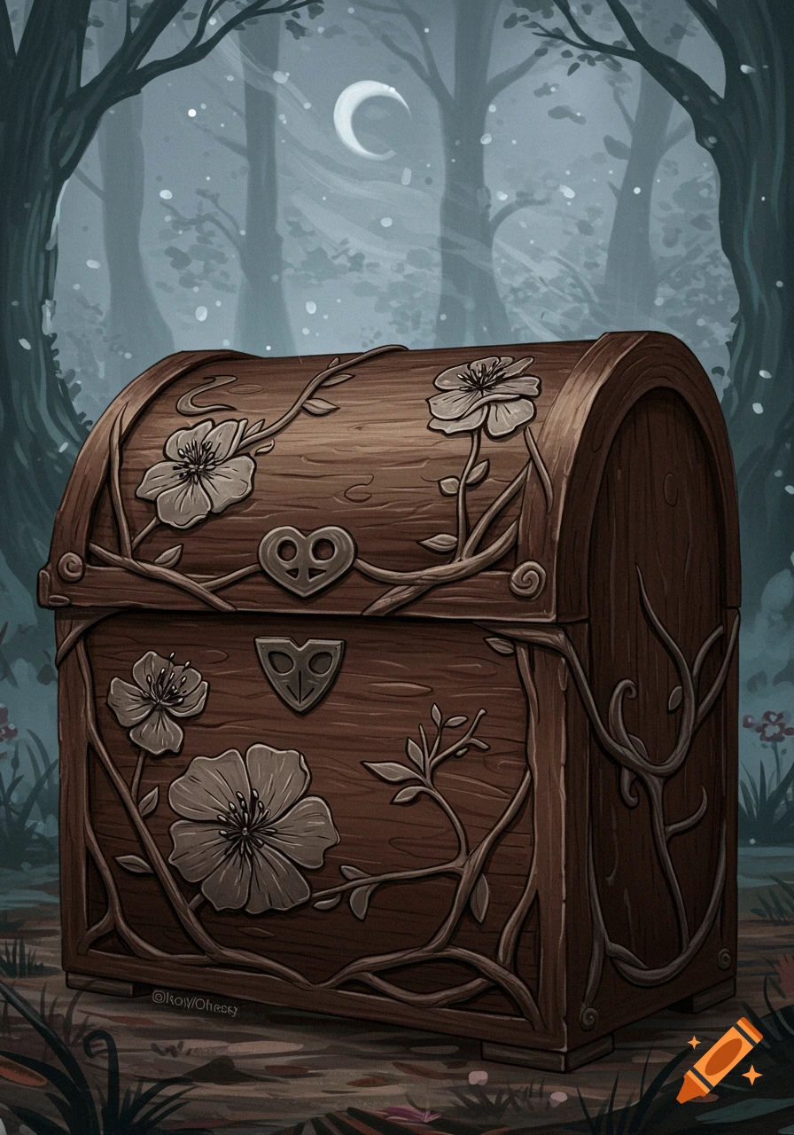A wooden casket with carved vines and flowers sits in a dark, misty forest under a crescent moon.