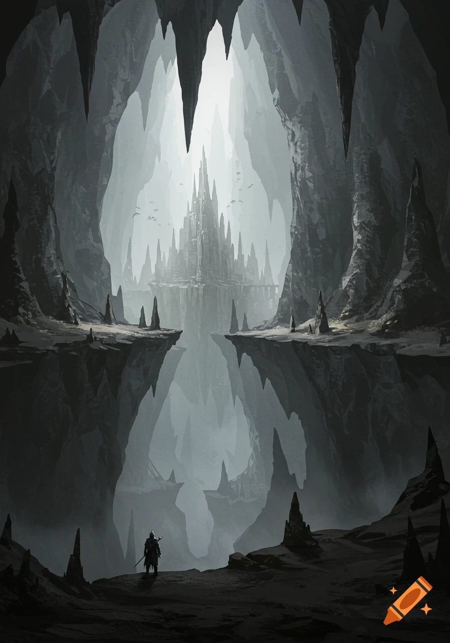 Digital painting of a lone figure in a desolate cavern looking across water towards a spiky, distant fantasy fortress.