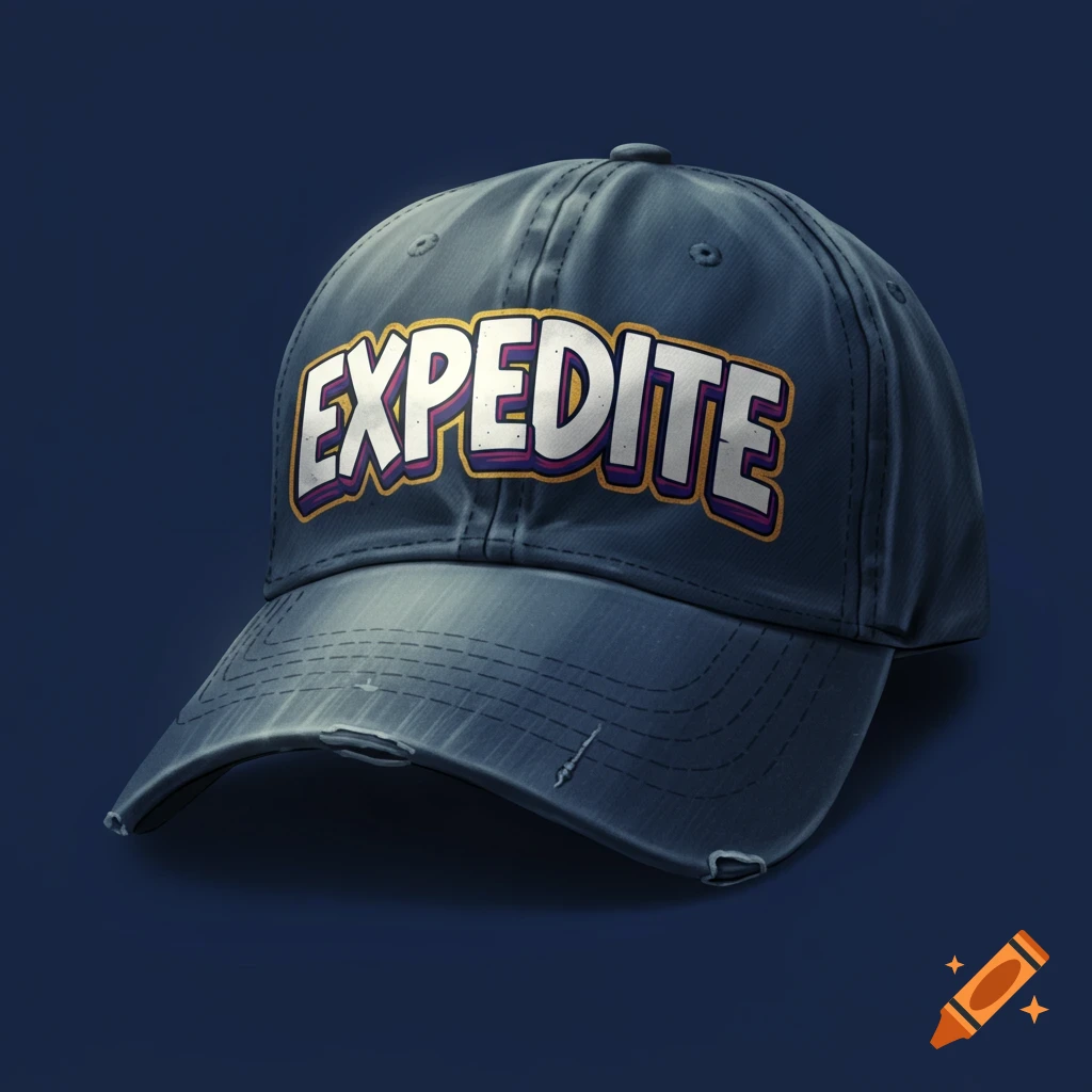 A dark blue distressed baseball cap with the word 'EXPEDITE' in stylized white, purple, and gold lettering.