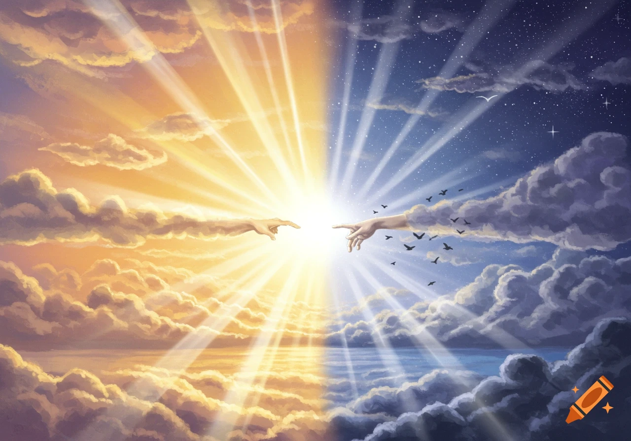 Two hands emerge from clouds, one from a sunny sky, the other from a starry night, reaching towards a central bright light.