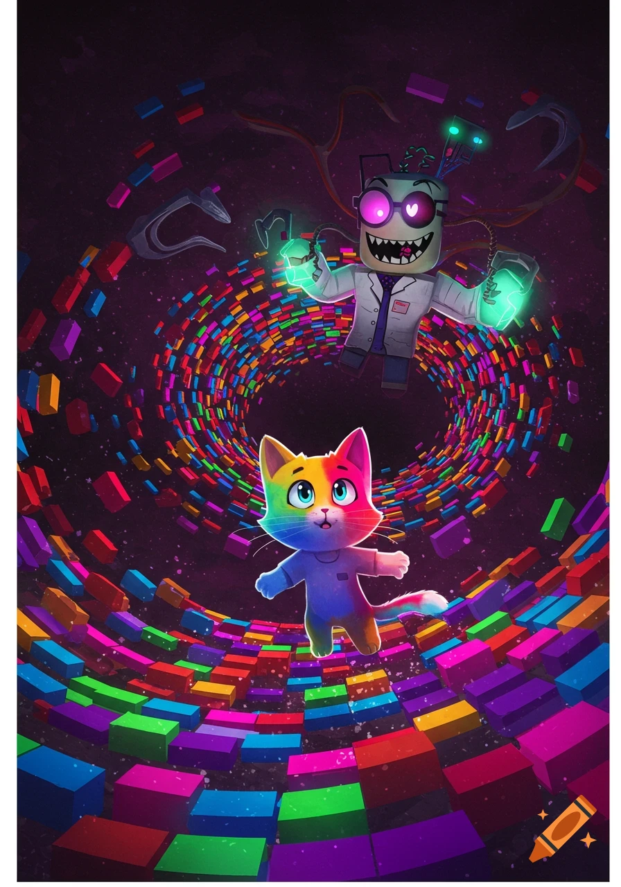 A colorful cat and a blocky, mad scientist with glowing hands in a vibrant, swirling tunnel of rainbow blocks.