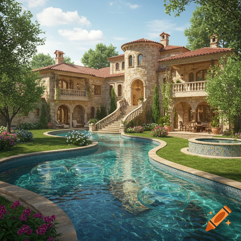 A stunning Mediterranean mansion with a long, winding lazy river pool flowing around it, surrounded by lush green lawns and colorful flowers under a sunny sky.