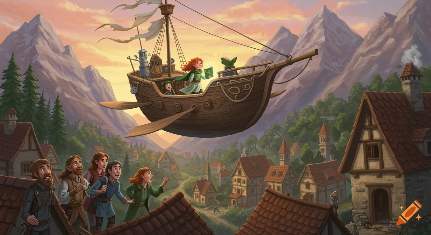 A fantasy illustration of a red-haired girl with a glowing book on a whimsical flying ship soaring over a mountain village, with townspeople looking up.