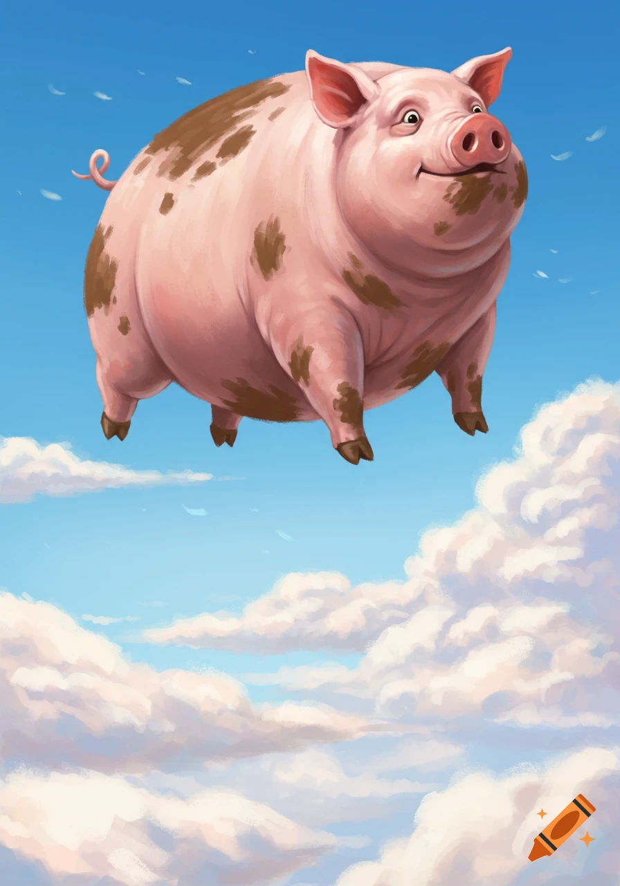 A cheerful, muddy pink pig flies through a blue sky filled with fluffy white clouds in a whimsical illustration.