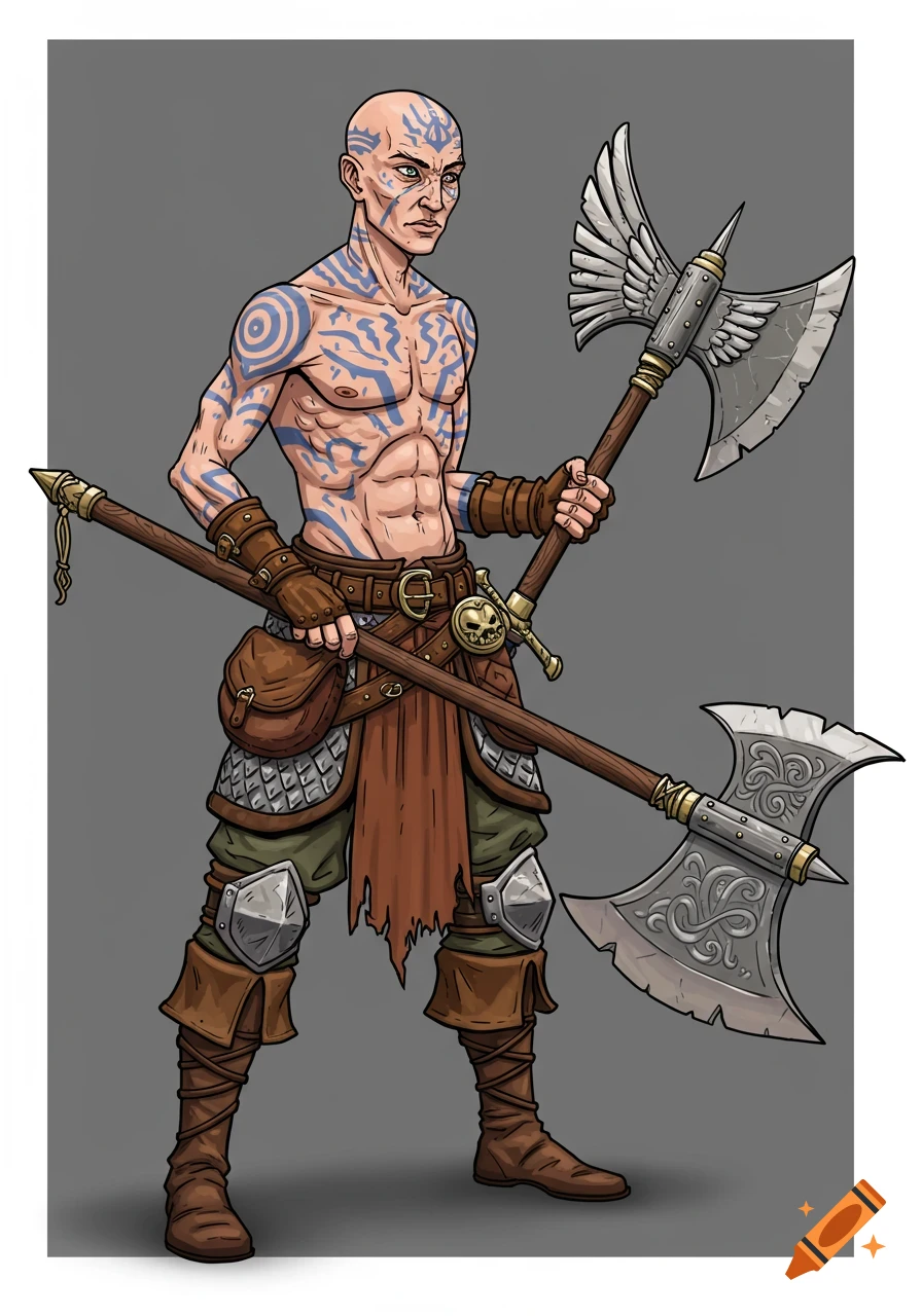 A bald, muscular warrior with blue tattoos across his body, holding two large fantasy axes with winged blades.