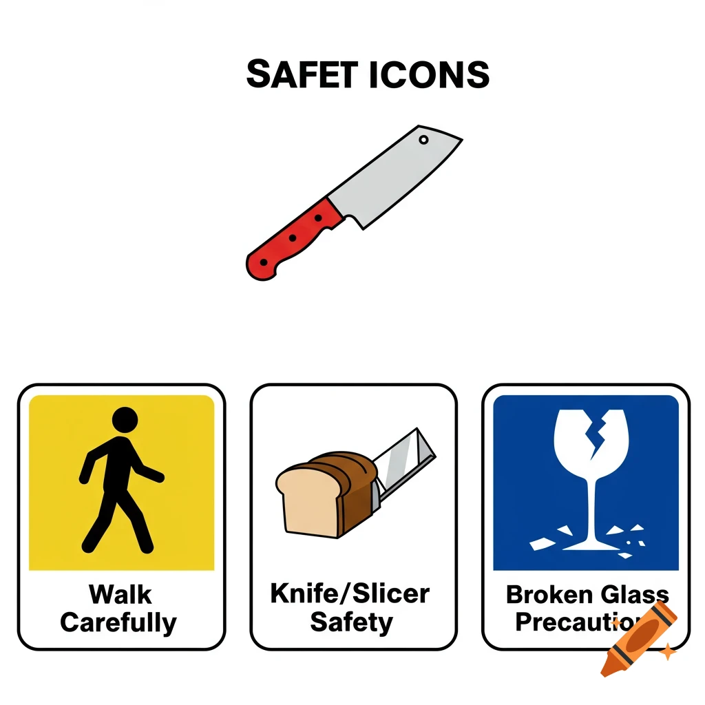 Simple graphic of safety icons including a cleaver, walking person, bread slicer, and broken glass. Text reads 'SAFET ICONS'.