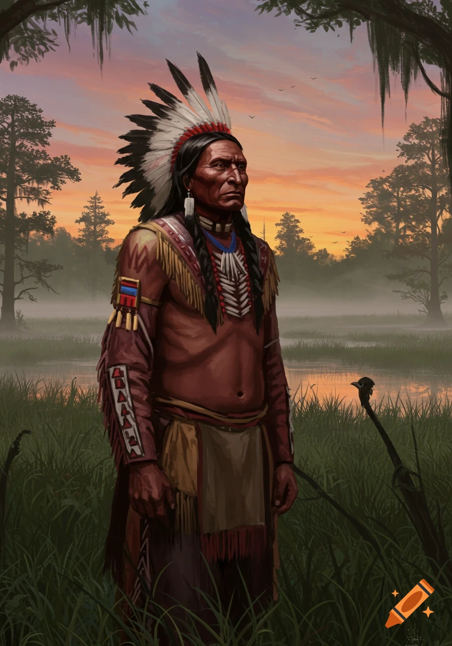 A Native American man in traditional attire with a feathered headdress stands in a swampy landscape at sunset.