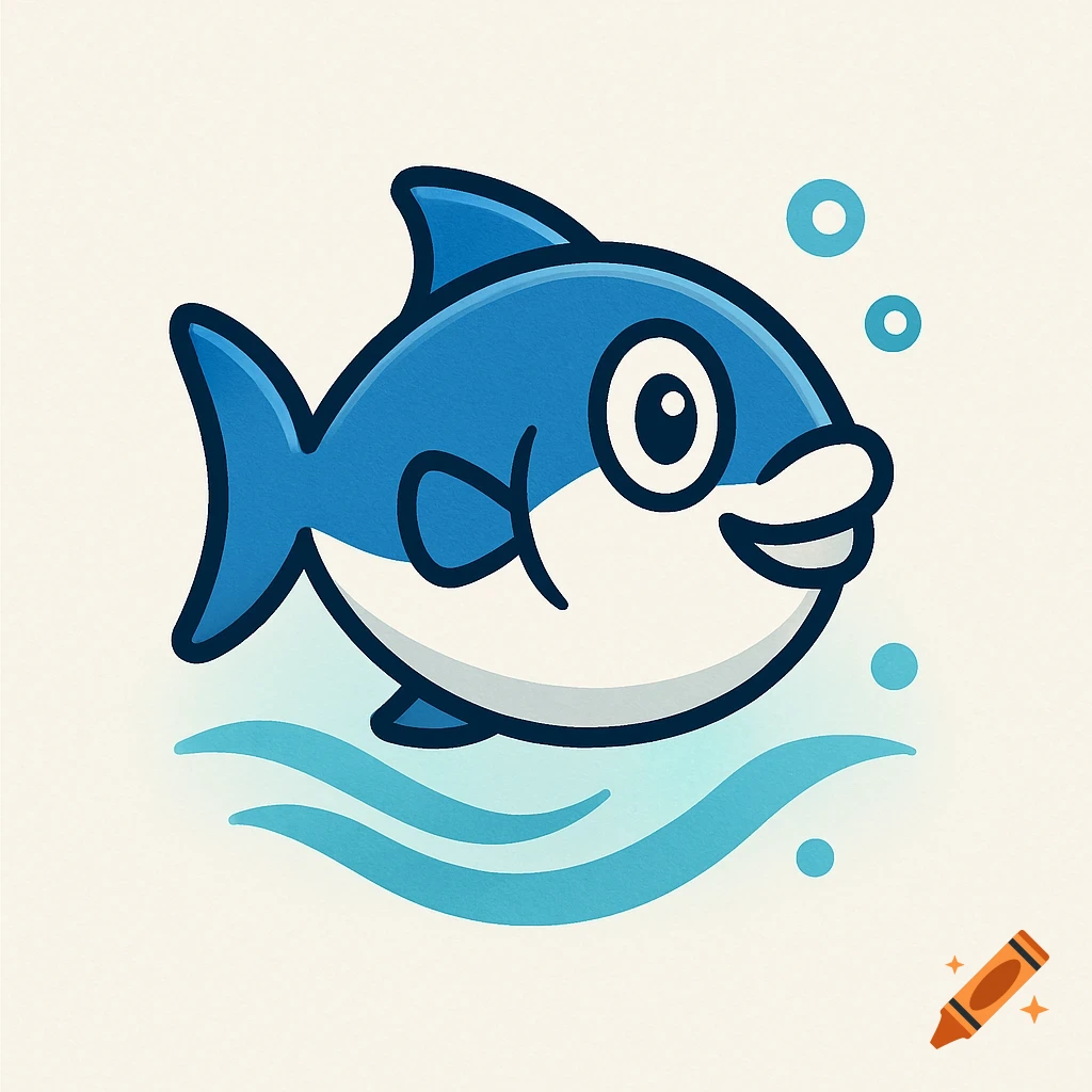 A blue and white cartoon fish logo with a smile and big eyes, swimming in stylized blue waves with bubbles.