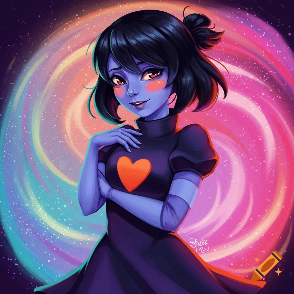 A blue-skinned anime girl with dark hair and an orange heart dress stands against a vibrant, swirling galaxy background.