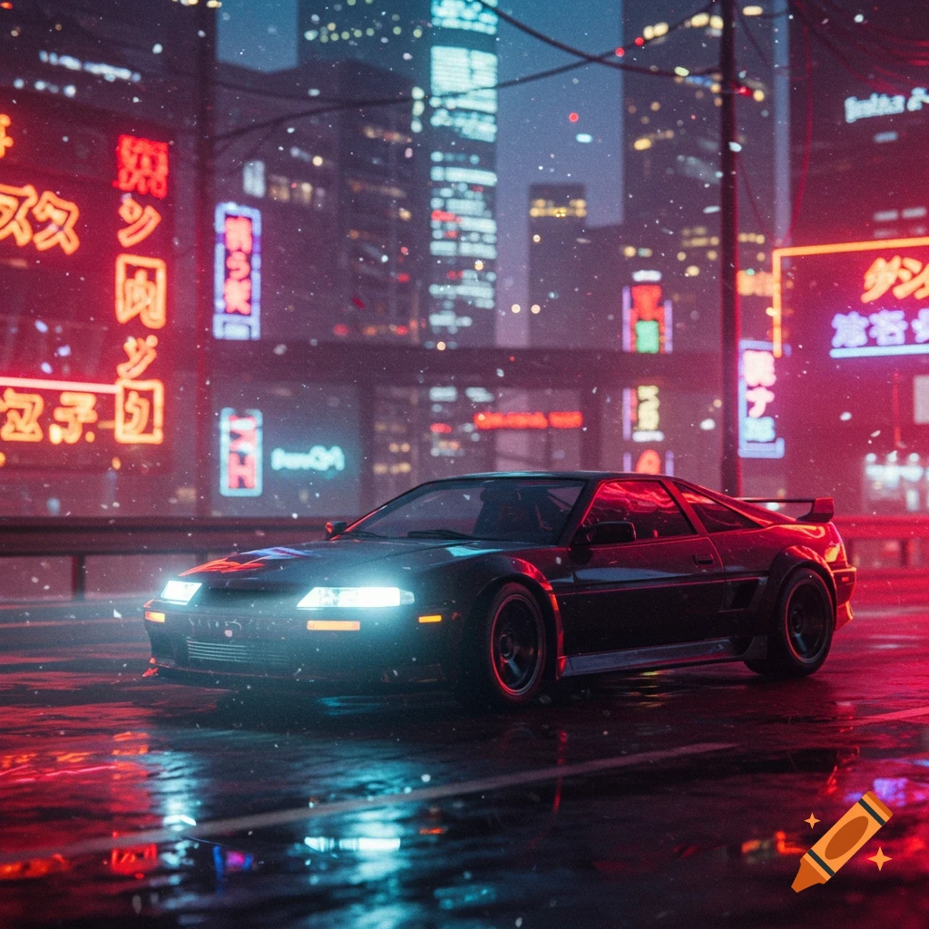 A sleek black sports car with glowing headlights drives on a wet city street at night, surrounded by neon signs in a cyberpunk style.