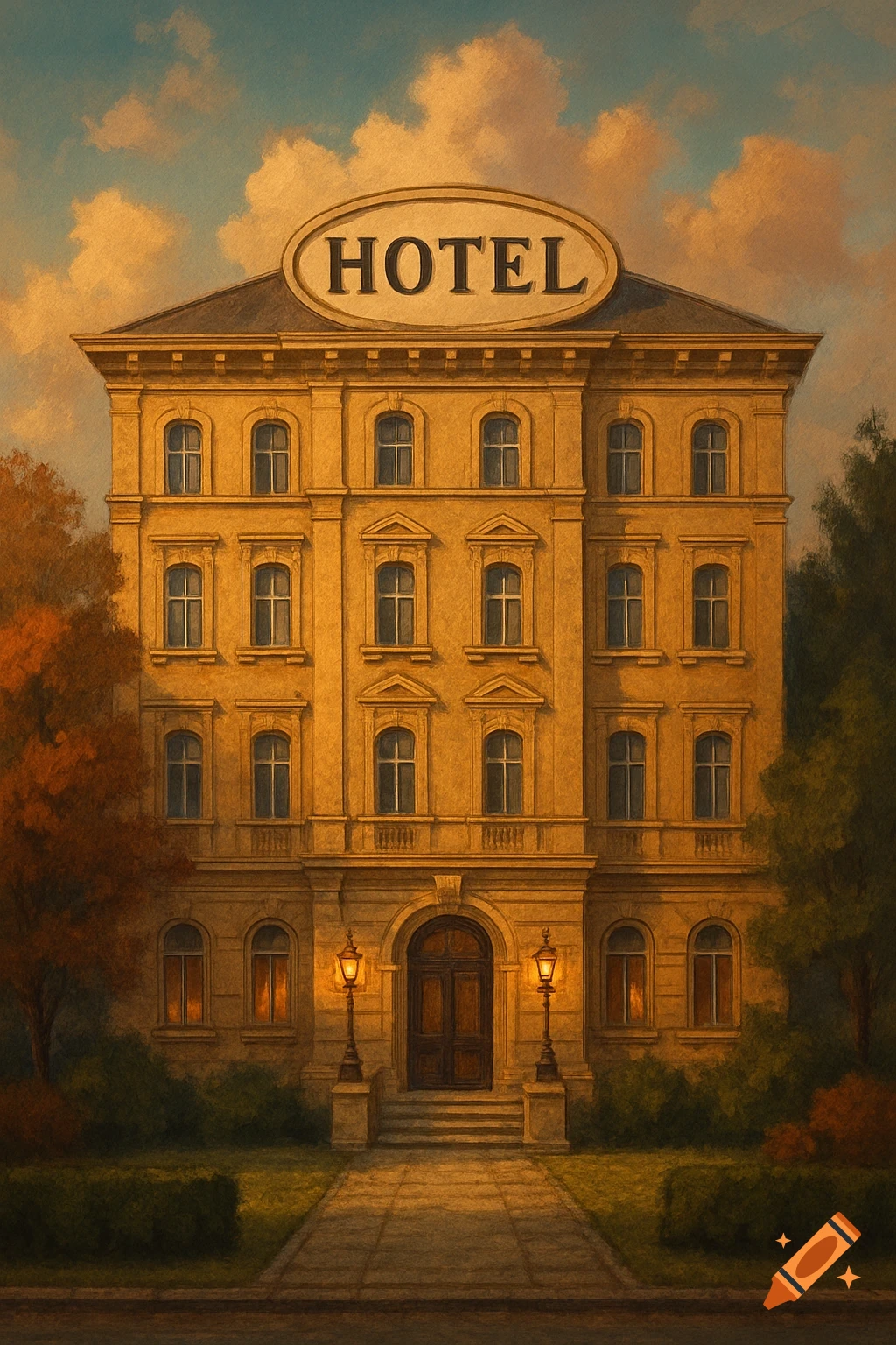 A grand, ornate hotel building with a prominent "HOTEL" sign on the roof, set amidst trees with a painterly sky.