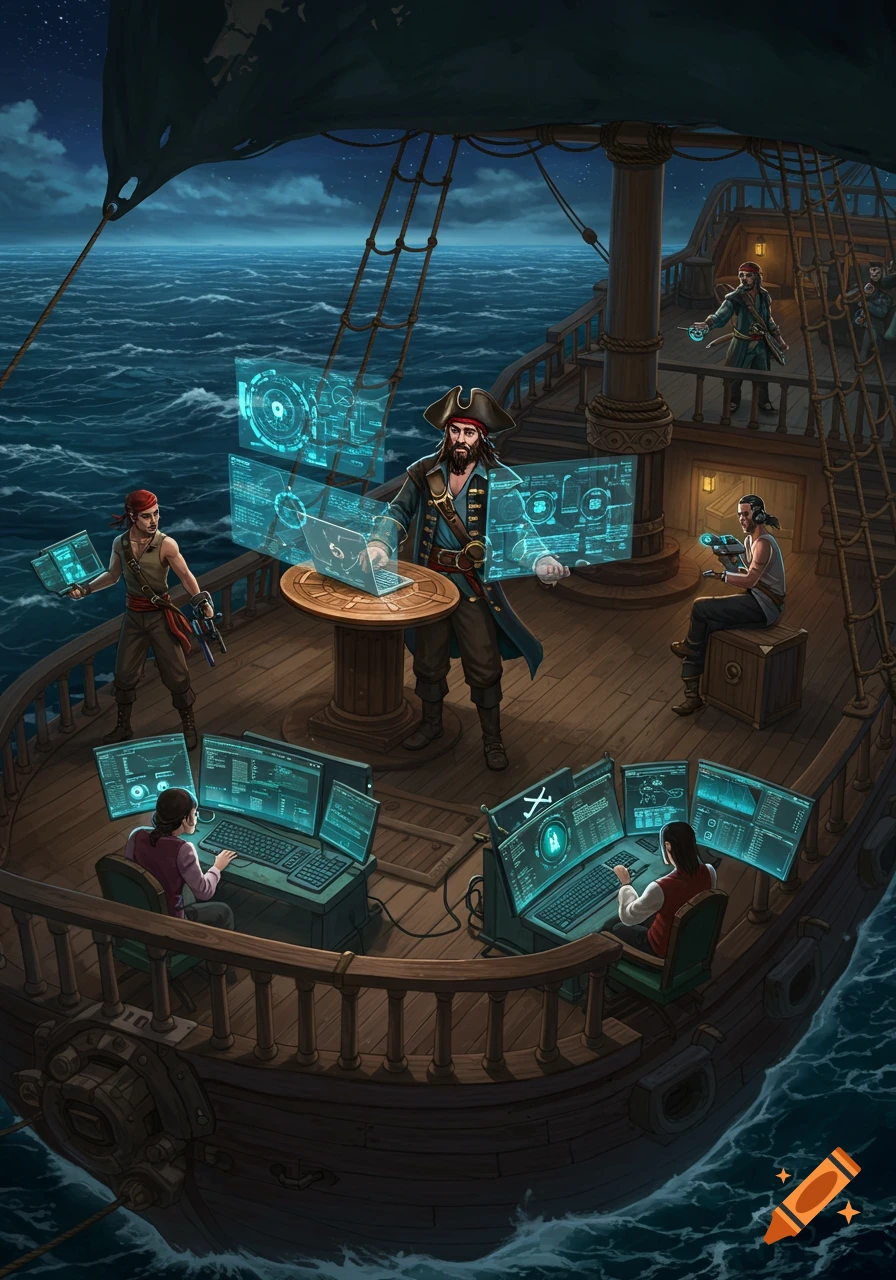 A group of pirates on a ship at night, surrounded by glowing holographic screens and computer monitors displaying data.