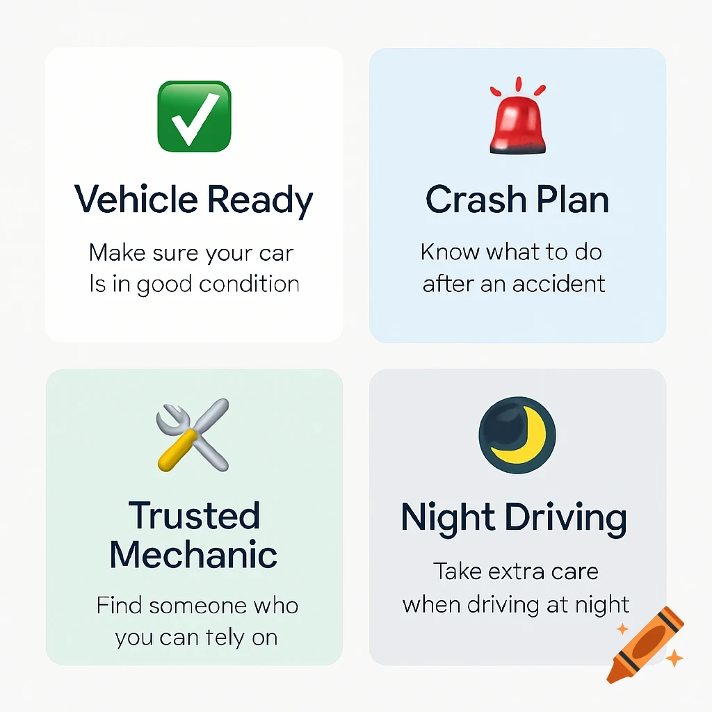 Four minimalist marketing cards related to car safety and ownership, featuring emojis and text. Topics include Vehicle Ready, Crash Plan, Trusted Mechanic, and Night Driving.