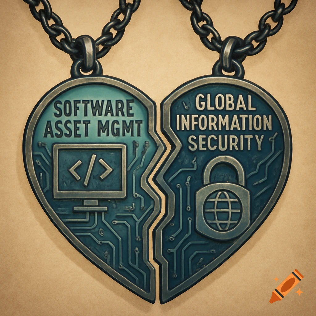Two halves of a heart-shaped necklace with 'Software Asset Mgmt' and 'Global Information Security' text, featuring tech and security icons.