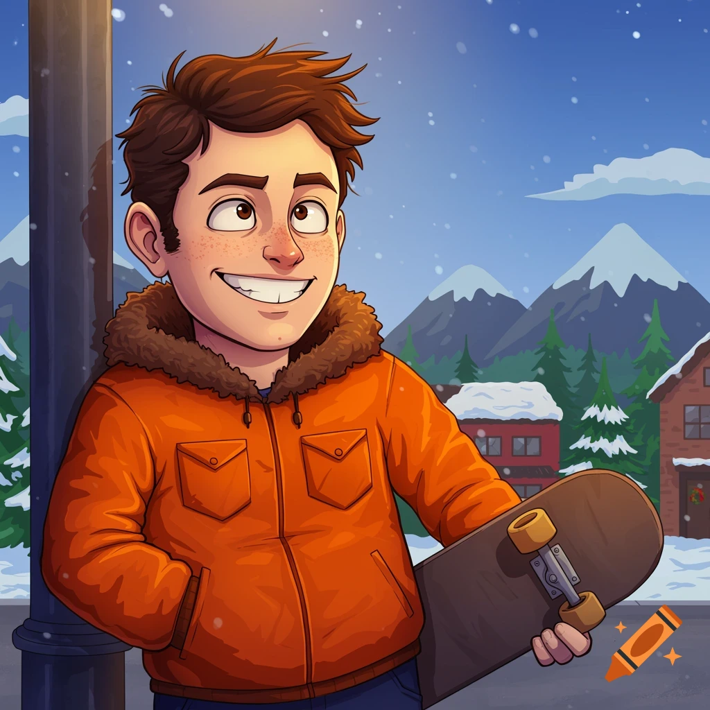 Smiling cartoon boy in orange winter jacket holding a skateboard, with snowy mountains and houses in the background.