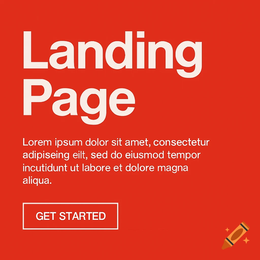 Minimalist red landing page design with white text 'Landing Page', 'Lorem ipsum' placeholder, and 'GET STARTED' button.