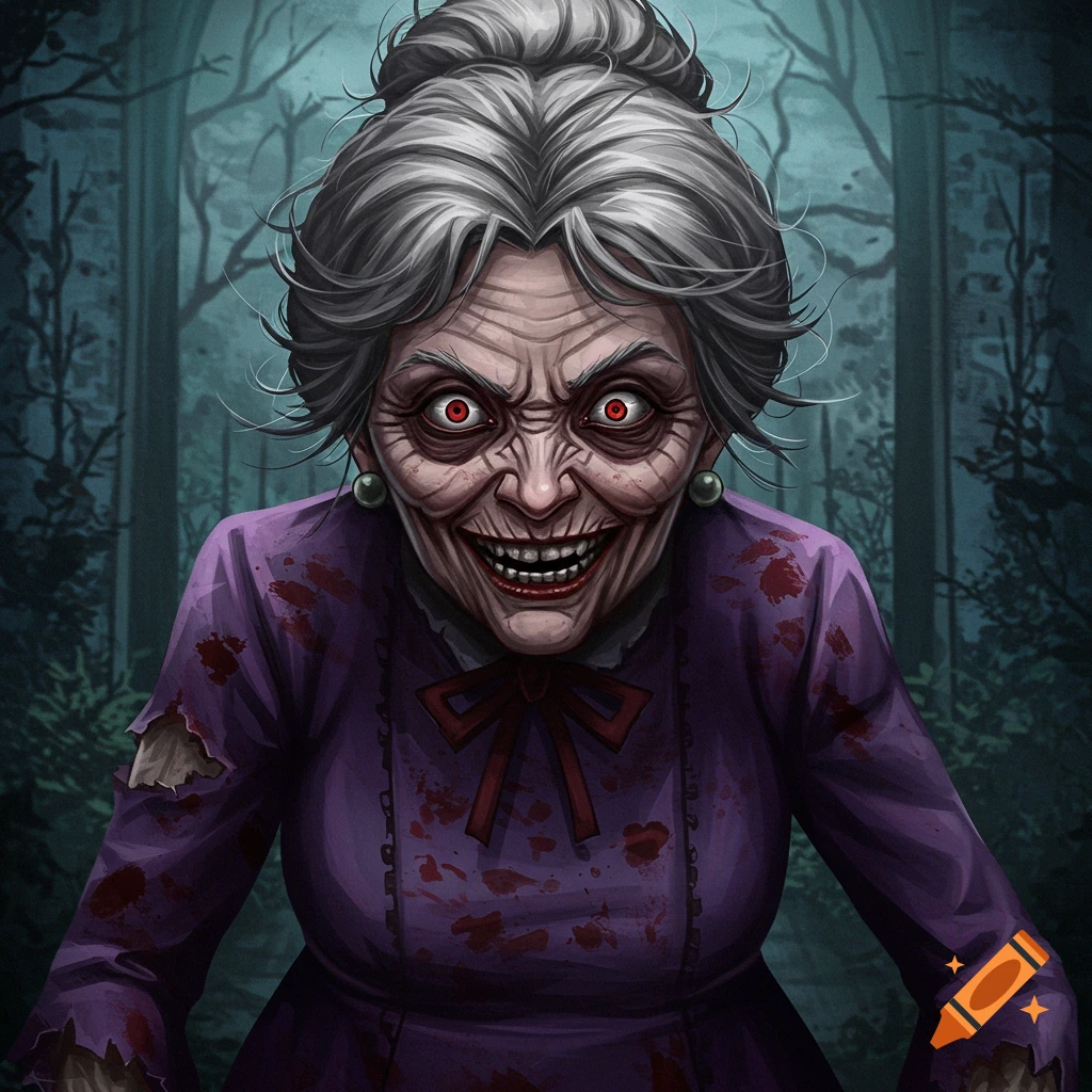 A close-up, stylized horror illustration of a grinning old woman with red eyes, sharp teeth, and a blood-stained purple dress in a dark forest.