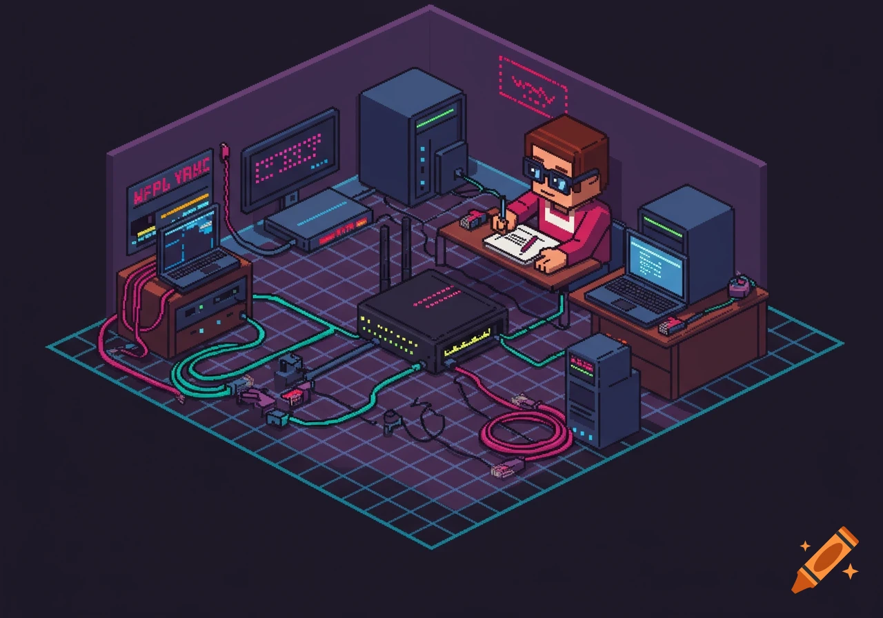 A vibrant 8-bit pixel art illustration of a person meticulously planning a home network in a room filled with computers and cables.