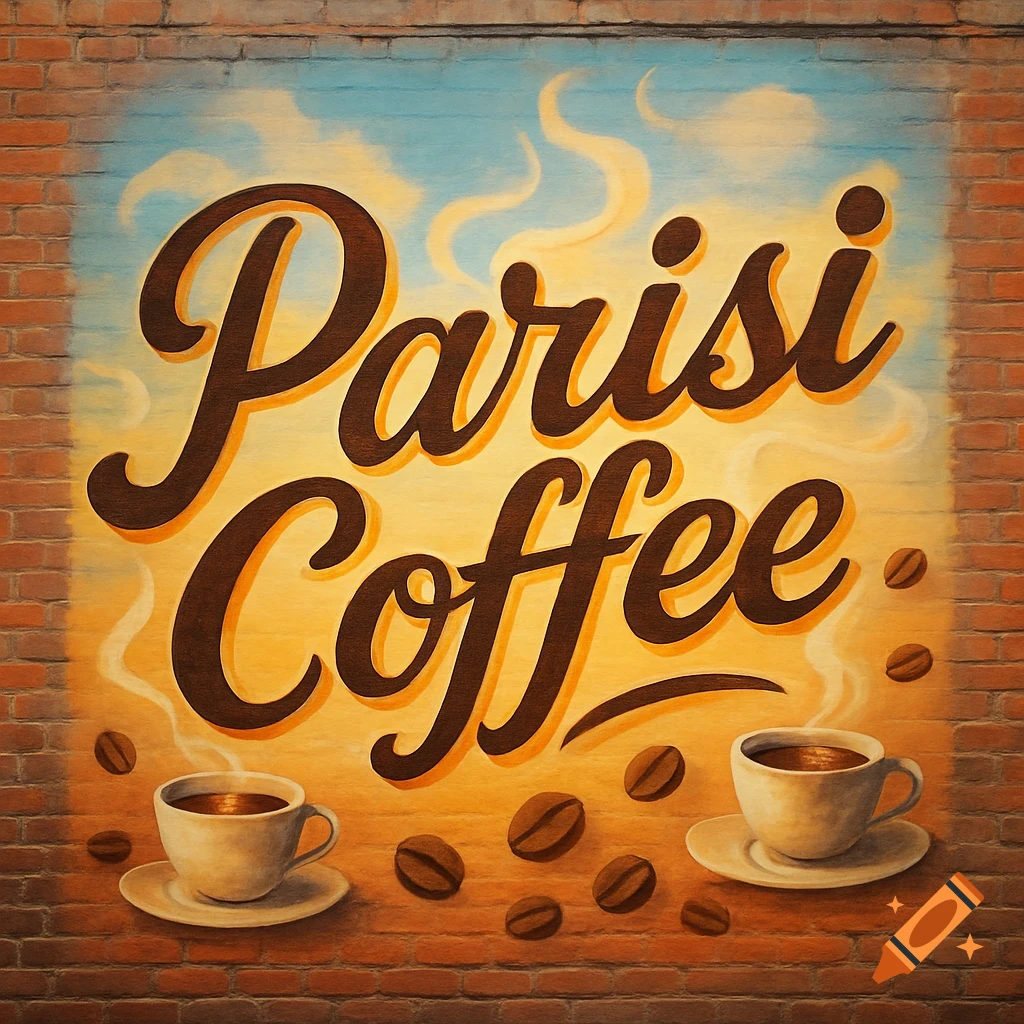 A painted mural on a brick wall features the words "Parisi Coffee" in stylized script, flanked by steaming coffee cups and scattered beans.