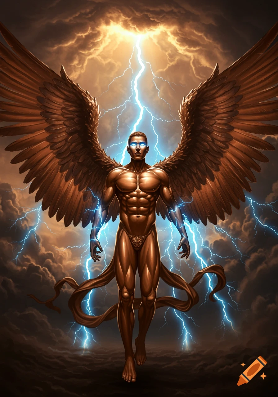 A muscular, winged figure with glowing blue eyes and hands stands amidst lightning and stormy clouds.