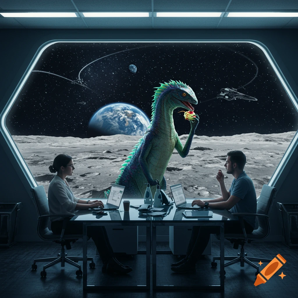 Two coworkers in a moon office look out at a large green monster eating on the lunar surface, with Earth and spaceships visible.