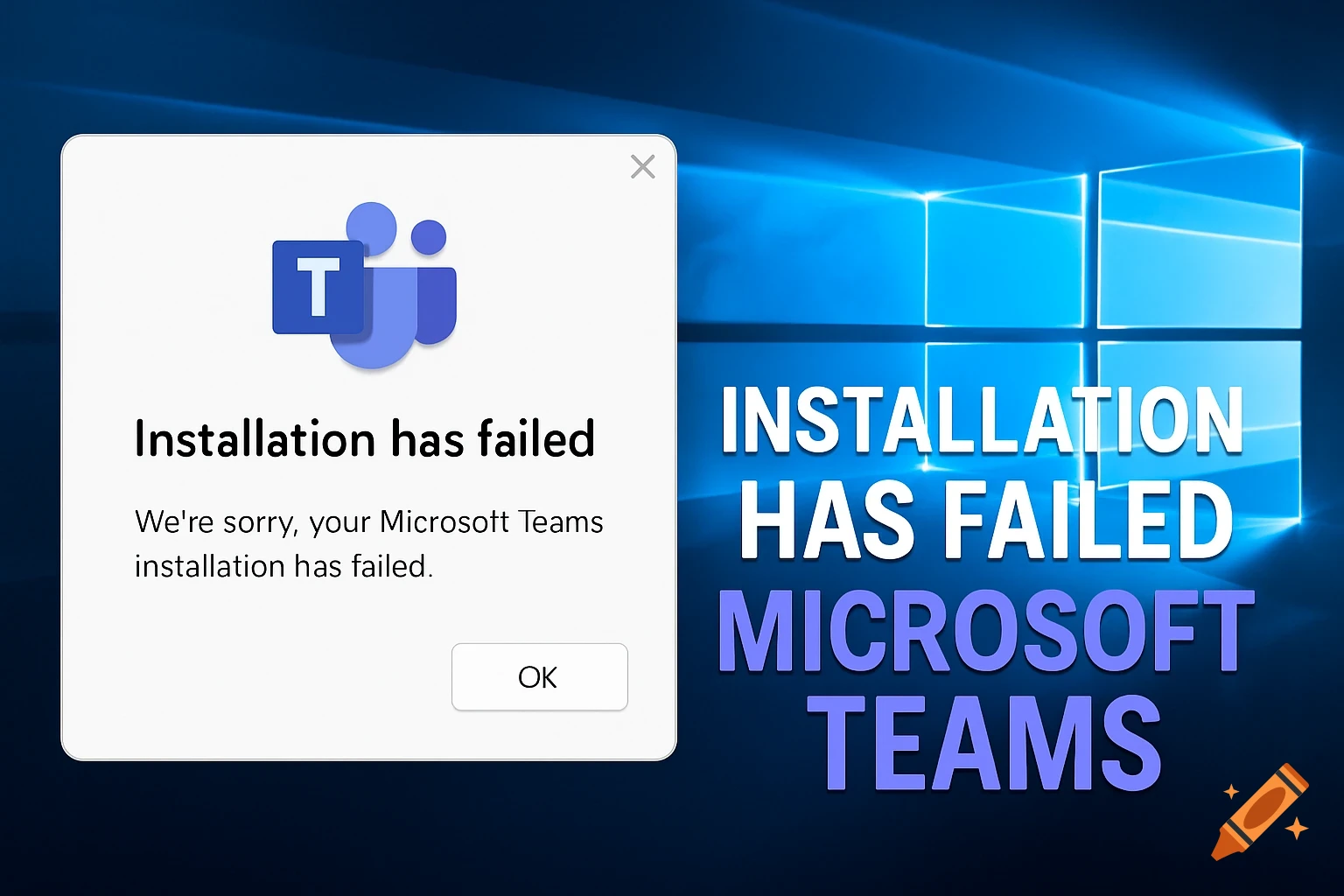 A computer screen displays a Microsoft Teams installation failed error message and large text reading "Installation Has Failed Microsoft Teams".