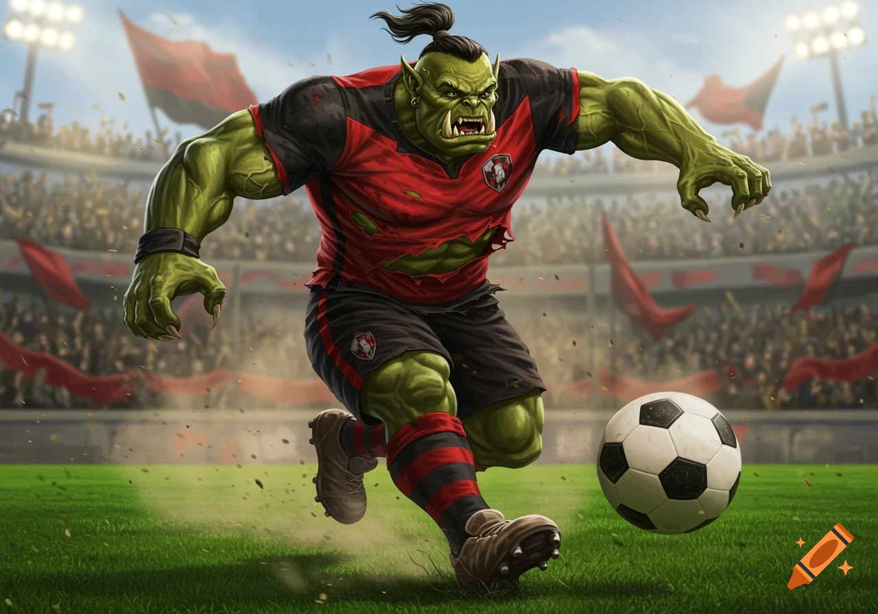 A muscular green orc in a red and black soccer uniform dribbles a ball on a grassy field in a stadium.
