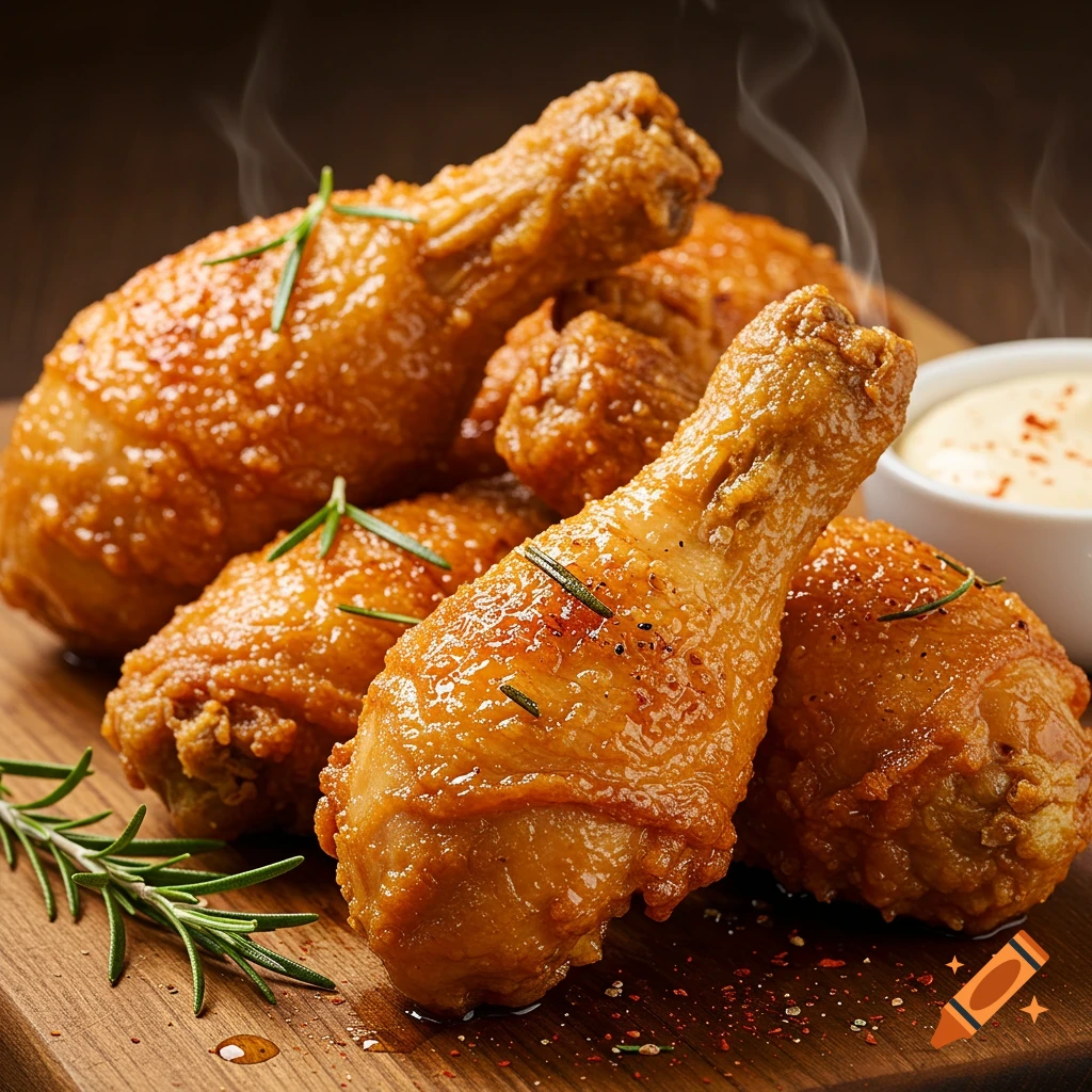 Crispy fried chicken drumsticks with rosemary on a wooden board, with a side of sauce.