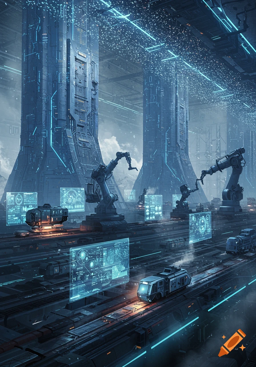 A vast futuristic industrial facility with towering blue structures, robotic arms, and glowing holographic screens displaying data, with trains on tracks below.