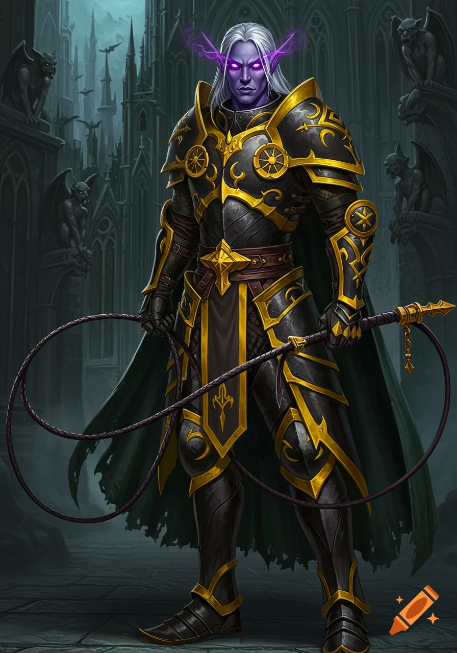 A male Shadar-Kai elf paladin in ornate black and gold armor, holding a whip, stands against a gothic castle backdrop.