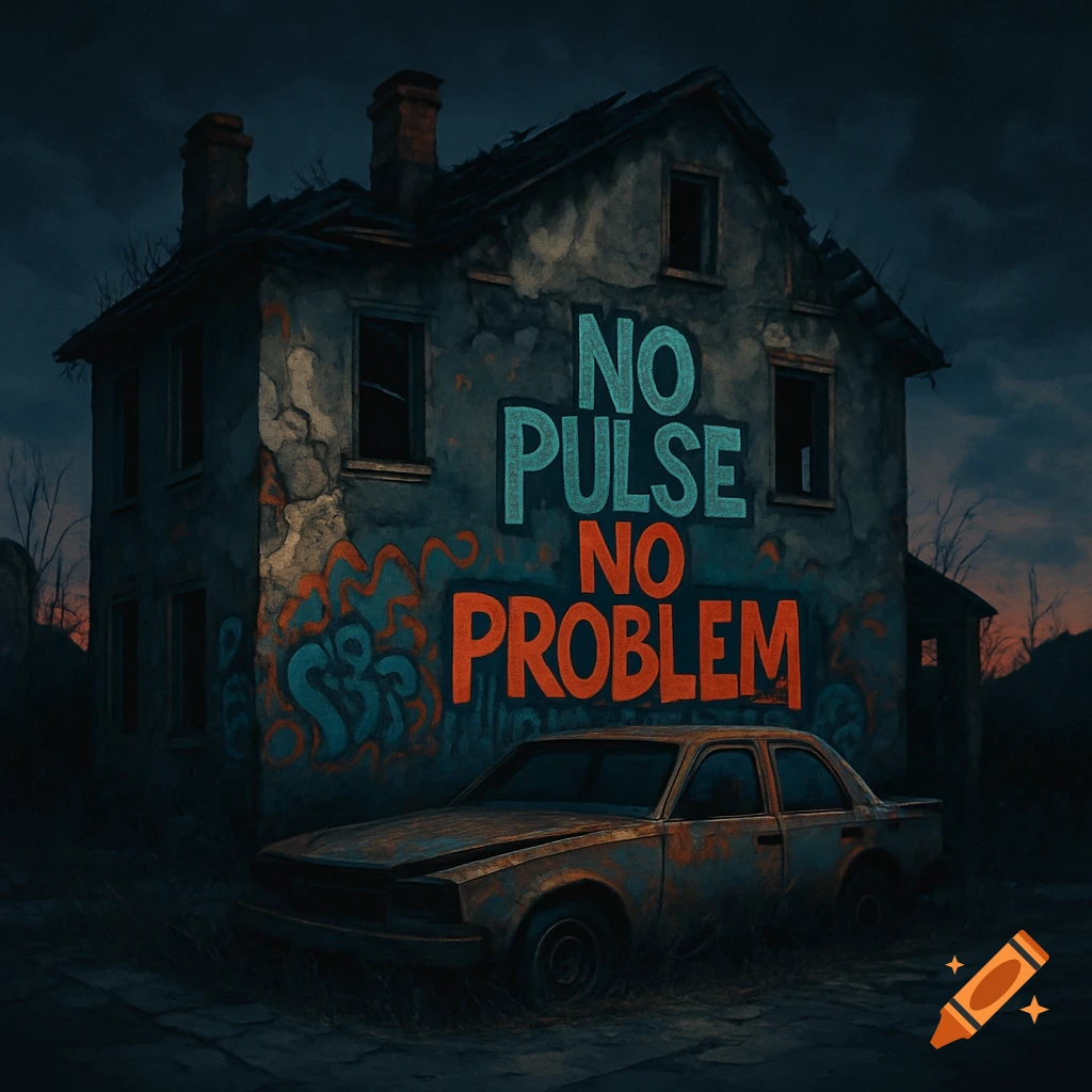 An abandoned, dilapidated house with graffiti reading 'NO PULSE NO PROBLEM' stands beside a rusty, broken-down car under a dark sky.