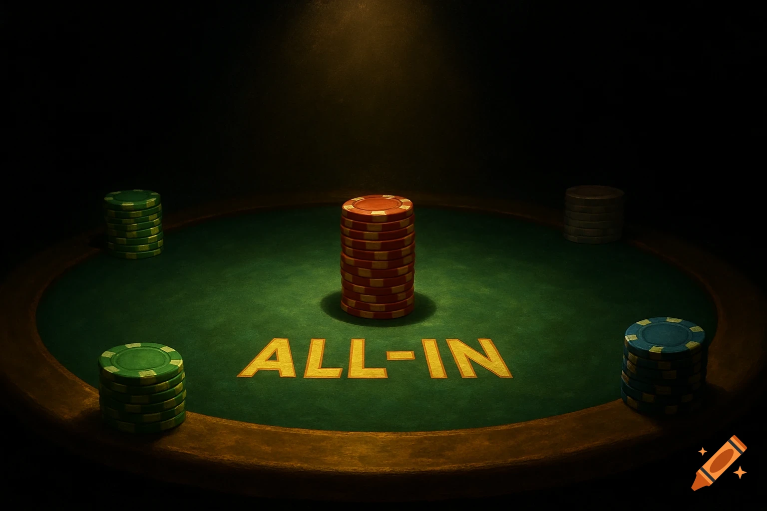 A spotlight illuminates a green poker table with several stacks of poker chips and the words "ALL-IN" in the center.