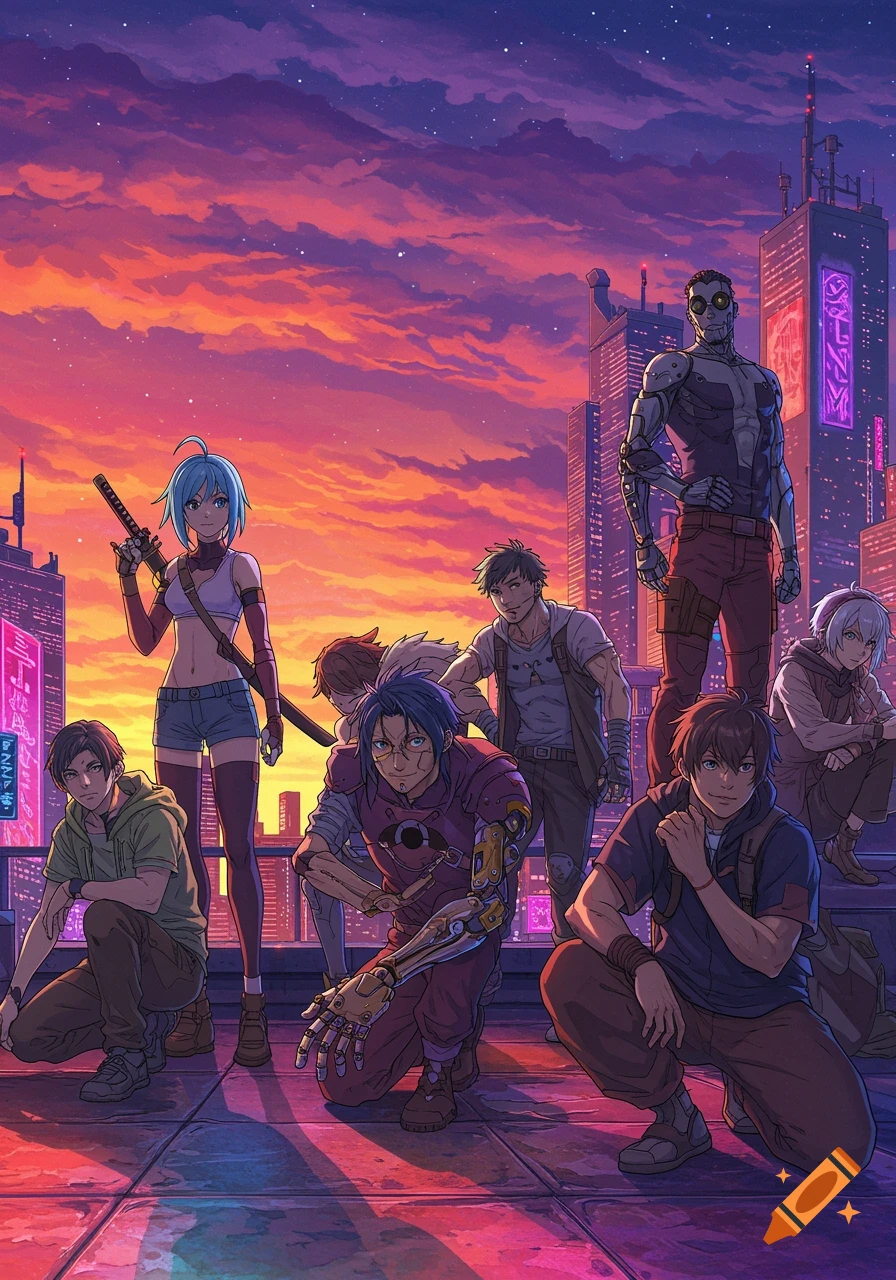 A group of anime characters, including a robot and a person with a cybernetic arm, on a rooftop at sunset in a futuristic city.
