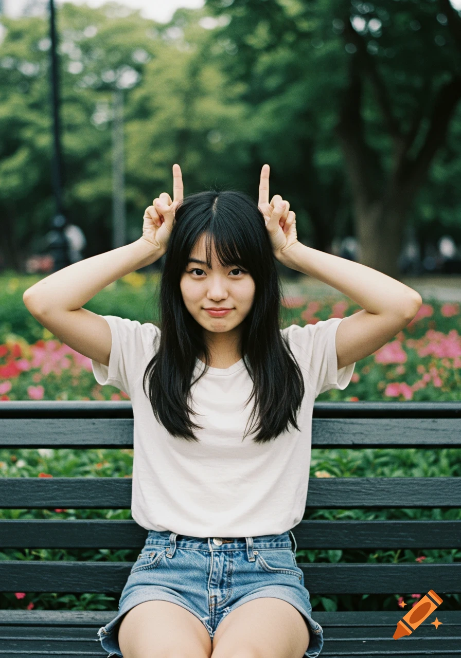 Candid photo of a young Asian woman with long black hair, sitting on a park bench and making a devil horn gesture with her hands.